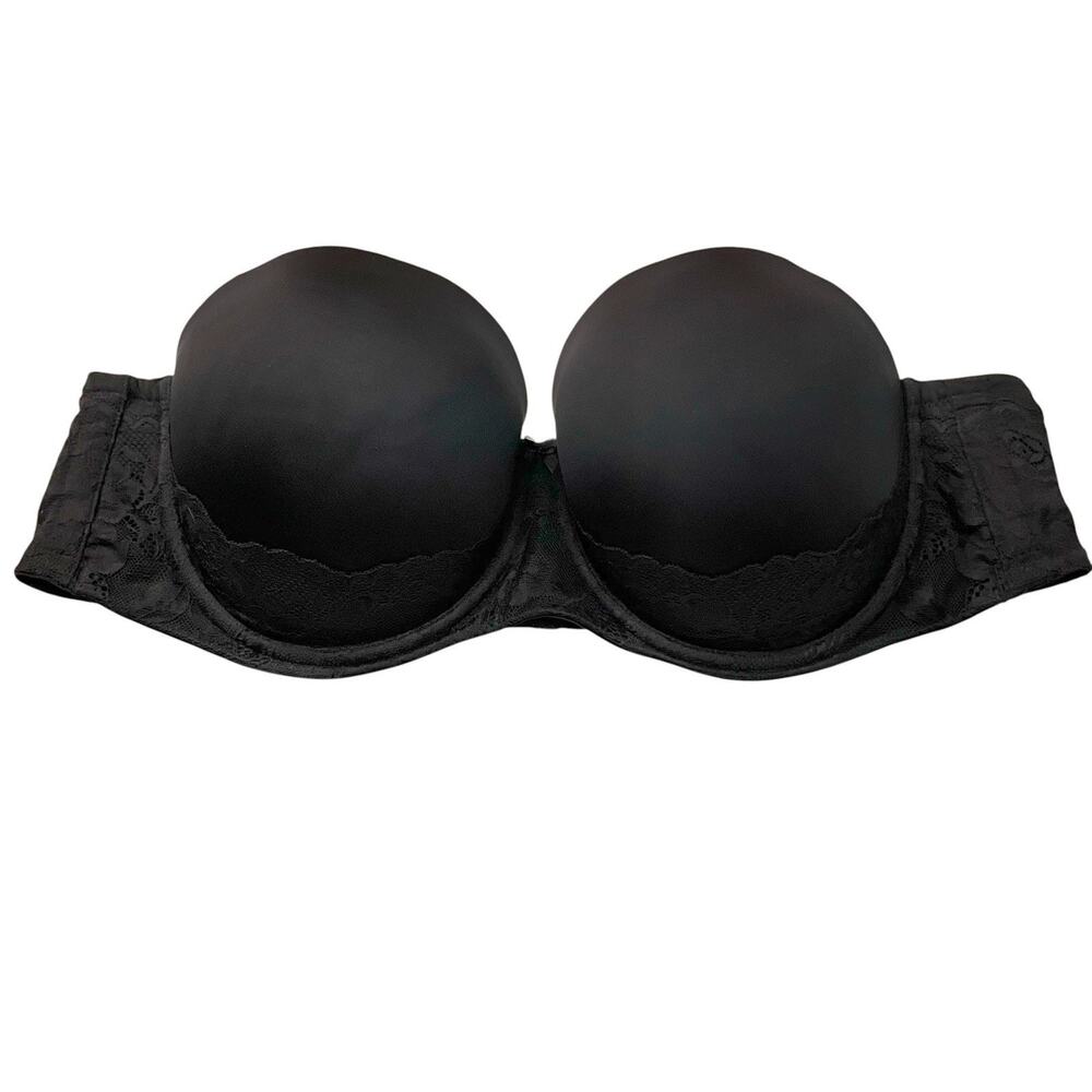 Torrid Push Up Strapless Bra 46C Black Lace Trim Balconette Padded Wired Molded